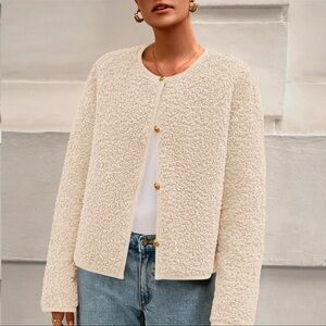 Cream Sherpa Button-Front Jacket - L